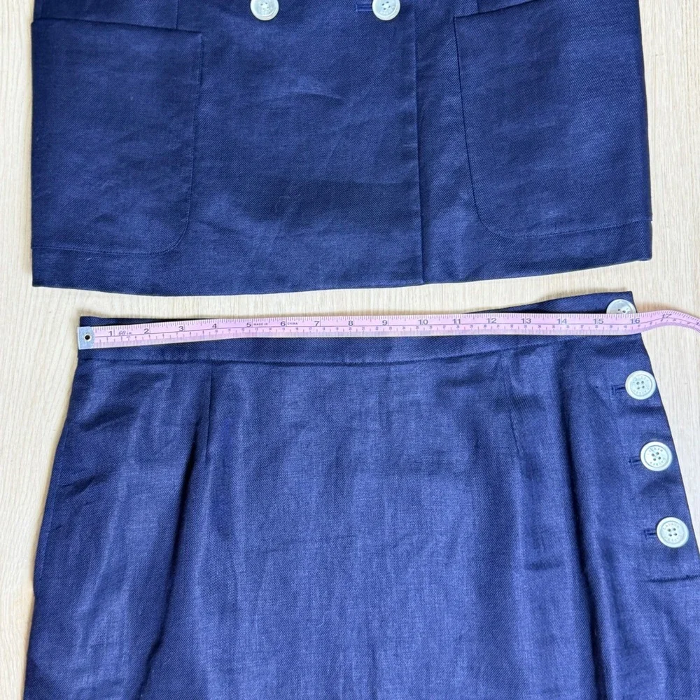 Lauren Ralph Lauren Skirt Suit Womens 12P Navy Blue Linen Double Breasted Blazer